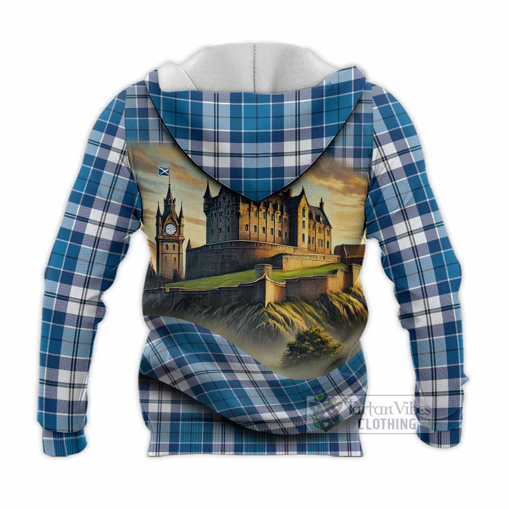 Hutton Tartan Family Crest Knitted Hoodie with Scottish Ancient Castle Style - Tartan Vibes Clothing