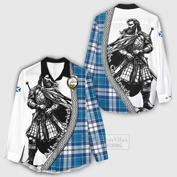 Hutton Tartan Clan Crest Women's Casual Shirt with Highlander Warrior Celtic Style - Tartan Vibes Clothing