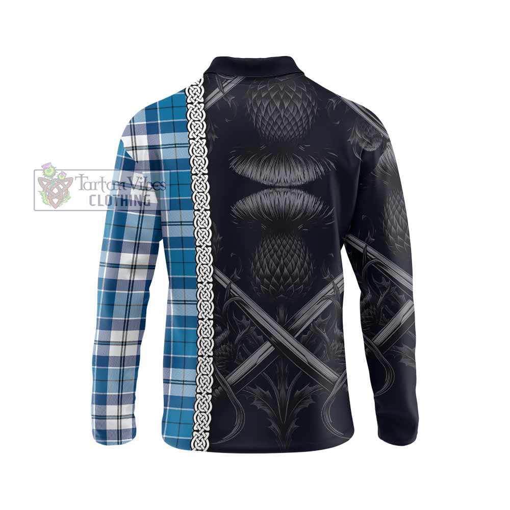 Hutton Tartan Long Sleeve Polo Shirt with Family Crest Cross Sword Thistle Celtic Vibes - Tartan Vibes Clothing