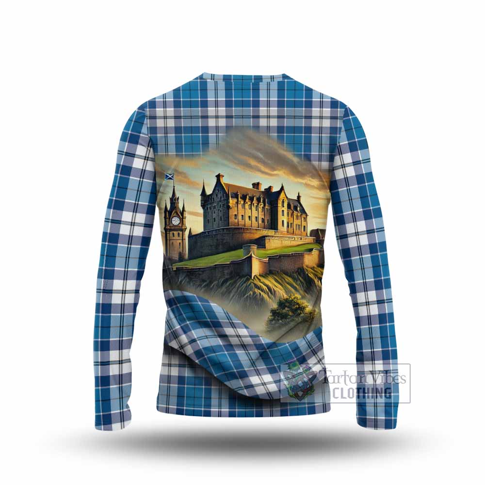 Hutton Tartan Family Crest Long Sleeve T-Shirt with Scottish Ancient Castle Style - Tartan Vibes Clothing