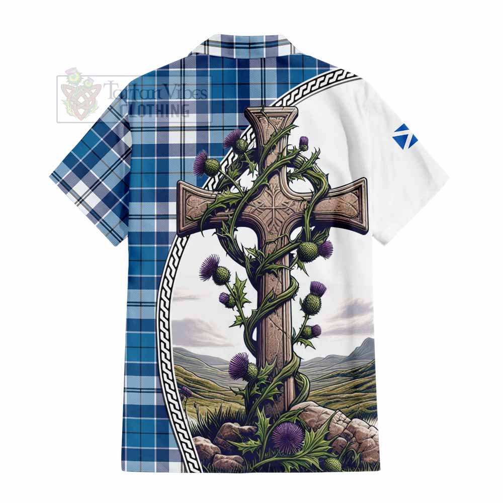 Hutton Tartan Hawaiian Shirt with Family Crest and St. Andrew's Cross Accented by Thistle Vines - Tartan Vibes Clothing