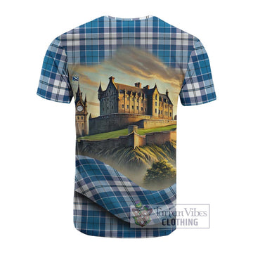 Hutton Tartan Family Crest Cotton T-shirt with Scottish Ancient Castle Style