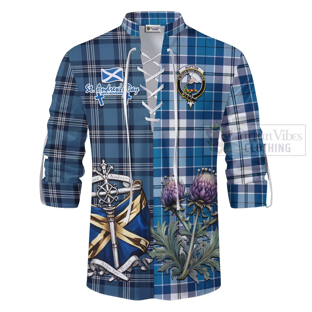 Hutton Tartan Ghillie Kilt Shirt Happy St. Andrew's Day Half Tartan Style - Tartan Vibes Clothing