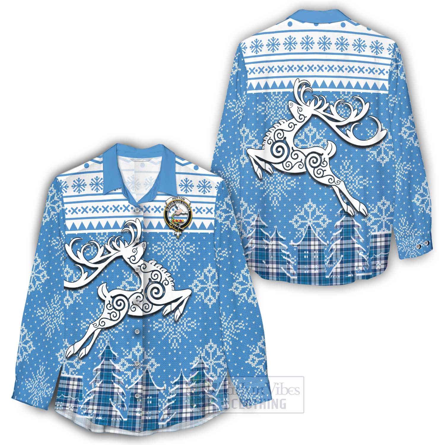Hutton Clan Christmas Women's Casual Shirt Celtic Reindeer Style - Tartan Vibes Clothing