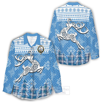 Hutton Clan Christmas Women's Casual Shirt Celtic Reindeer Style - Tartan Vibes Clothing