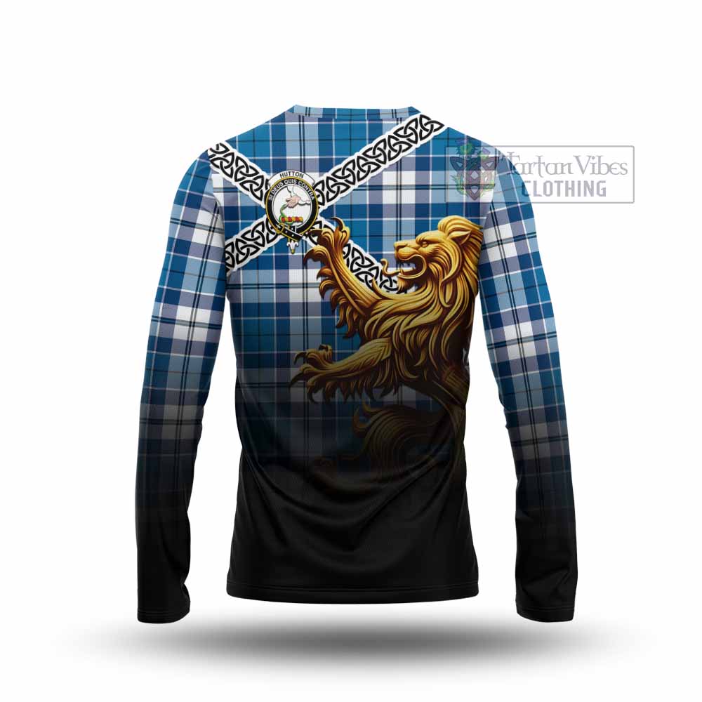 Hutton Crest Tartan Long Sleeve T-Shirt with Golden Lion Emblem Celtic Style - Tartan Vibes Clothing