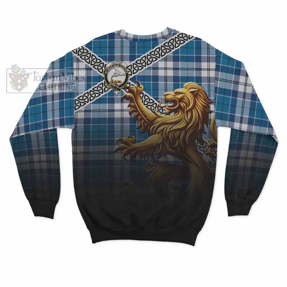 Hutton Crest Tartan Sweatshirt with Golden Lion Emblem Celtic Style - Tartan Vibes Clothing