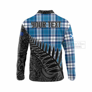 Tartan Vibes Clothing Hutton Crest Tartan Long Sleeve Polo Shirt with New Zealand Silver Fern Half Style