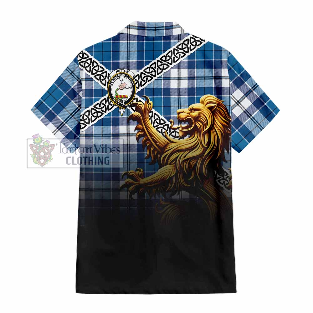 Hutton Crest Tartan Hawaiian Shirt with Golden Lion Emblem Celtic Style - Tartan Vibes Clothing