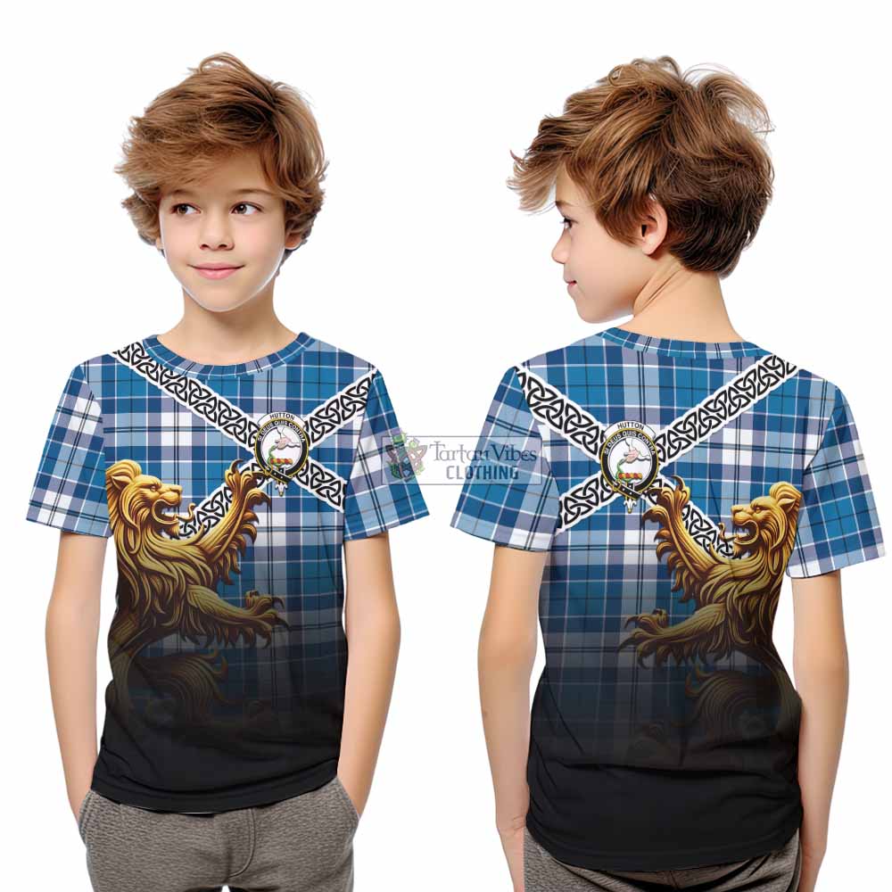 Hutton Crest Tartan Kid T-Shirt with Golden Lion Emblem Celtic Style - Tartan Vibes Clothing