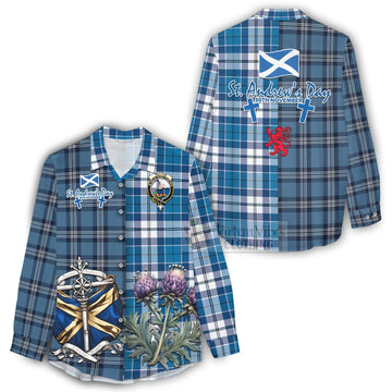 Hutton Tartan Women's Casual Shirt Happy St. Andrew's Day Half Tartan Style - Tartan Vibes Clothing