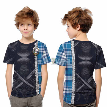 Hutton Tartan Kid T-Shirt with Family Crest Cross Sword Thistle Celtic Vibes - Tartan Vibes Clothing