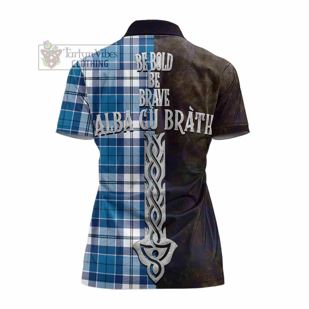 Tartan Vibes Clothing Hutton Tartan Family Crest Women's Polo Shirt Alba Gu Brath Be Brave Lion Ancient Style