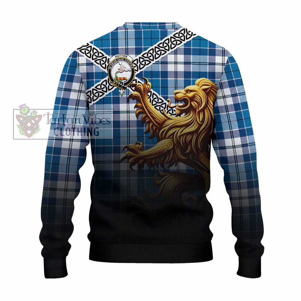 Hutton Crest Tartan Knitted Sweater with Golden Lion Emblem Celtic Style - Tartan Vibes Clothing