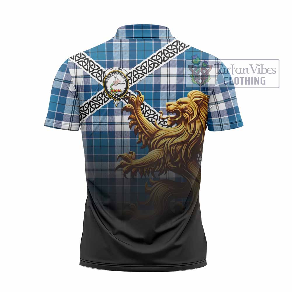 Hutton Crest Tartan Zipper Polo Shirt with Golden Lion Emblem Celtic Style - Tartan Vibes Clothing