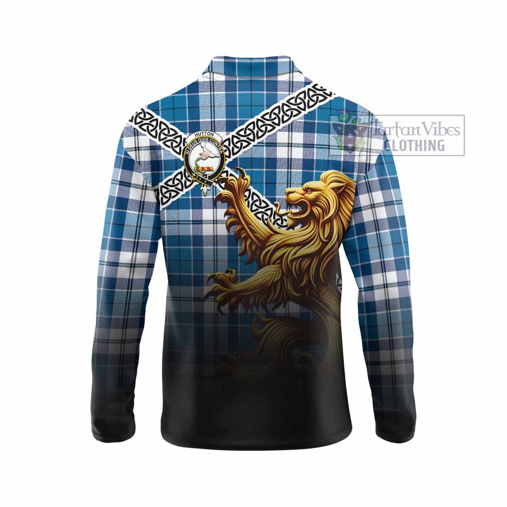 Hutton Crest Tartan Long Sleeve Polo Shirt with Golden Lion Emblem Celtic Style - Tartan Vibes Clothing