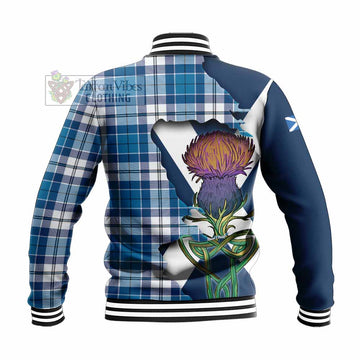 Tartan Vibes Clothing Hutton Tartan Family Crest Baseball Jacket Scottish Thistle Celtic Inspired