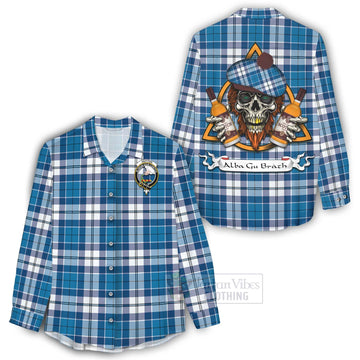 Hutton Tartan Women's Casual Shirt with Family Crest and Bearded Skull Holding Bottles of Whiskey - Tartan Vibes Clothing