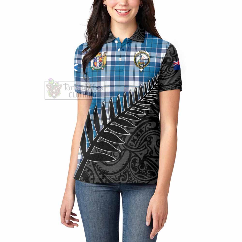 Tartan Vibes Clothing Hutton Crest Tartan Women's Polo Shirt with New Zealand Silver Fern Half Style