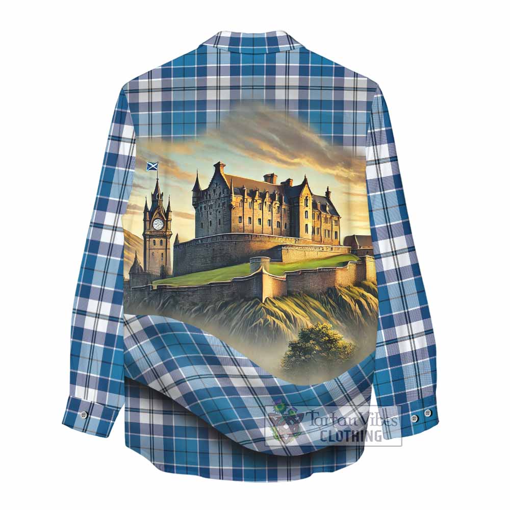 Hutton Tartan Family Crest Women's Casual Shirt with Scottish Ancient Castle Style - Tartan Vibes Clothing