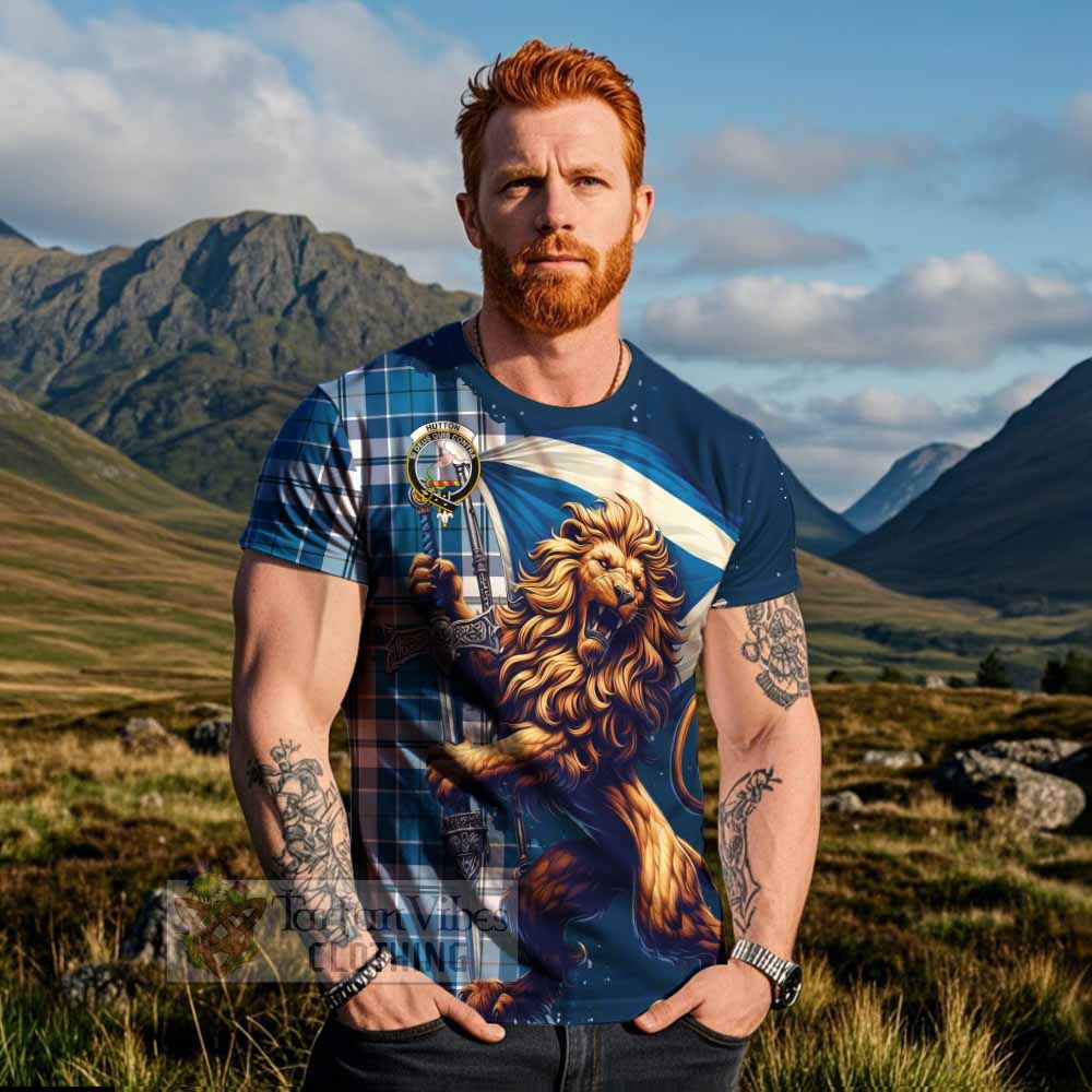 Hutton Tartan Family Crest T-Shirt with Scottish Majestic Lion - Tartan Vibes Clothing