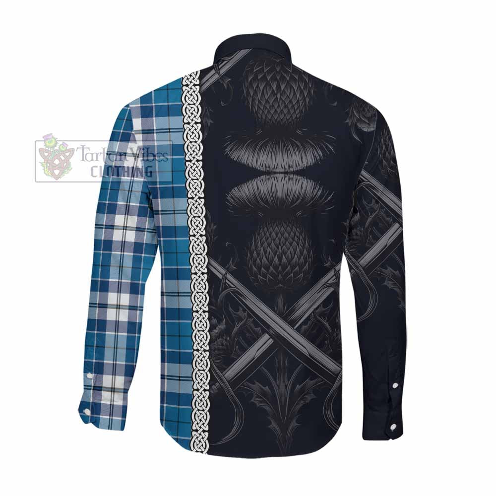 Tartan Vibes Clothing Hutton Tartan Long Sleeve Button Shirt with Family Crest Cross Sword Thistle Celtic Vibes