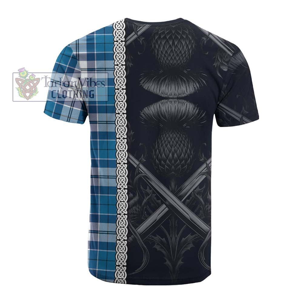 Tartan Vibes Clothing Hutton Tartan Cotton T-shirt with Family Crest Cross Sword Thistle Celtic Vibes