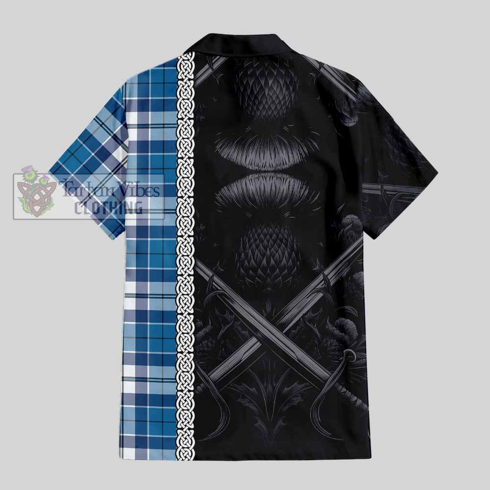 Hutton Tartan Hawaiian Shirt with Family Crest Cross Sword Thistle Celtic Vibes - Tartan Vibes Clothing