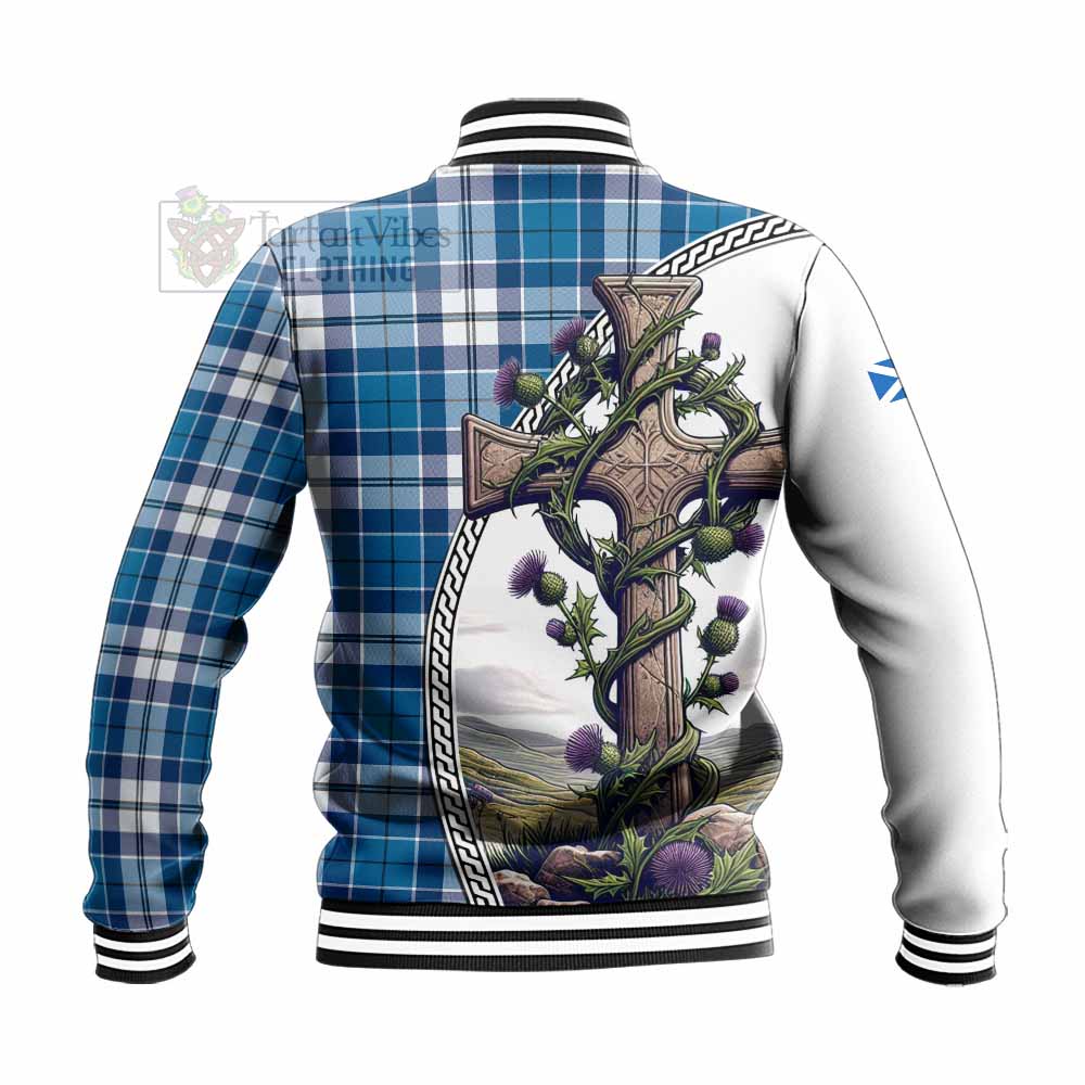 Hutton Tartan Baseball Jacket with Family Crest and St. Andrew's Cross Accented by Thistle Vines - Tartan Vibes Clothing
