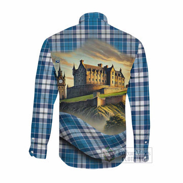 Tartan Vibes Clothing Hutton Tartan Family Crest Long Sleeve Button Shirt with Scottish Ancient Castle Style