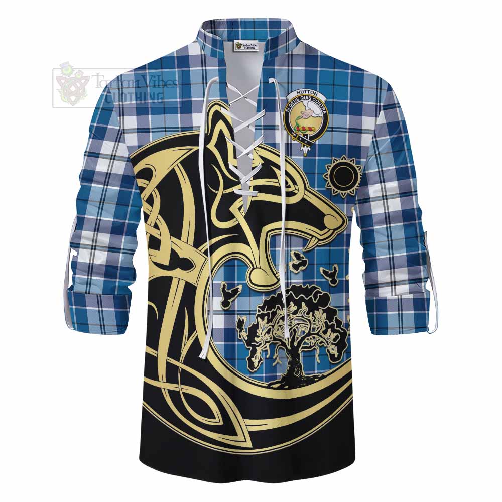 Hutton Tartan Ghillie Kilt Shirt with Family Crest Celtic Wolf Style - Tartan Vibes Clothing