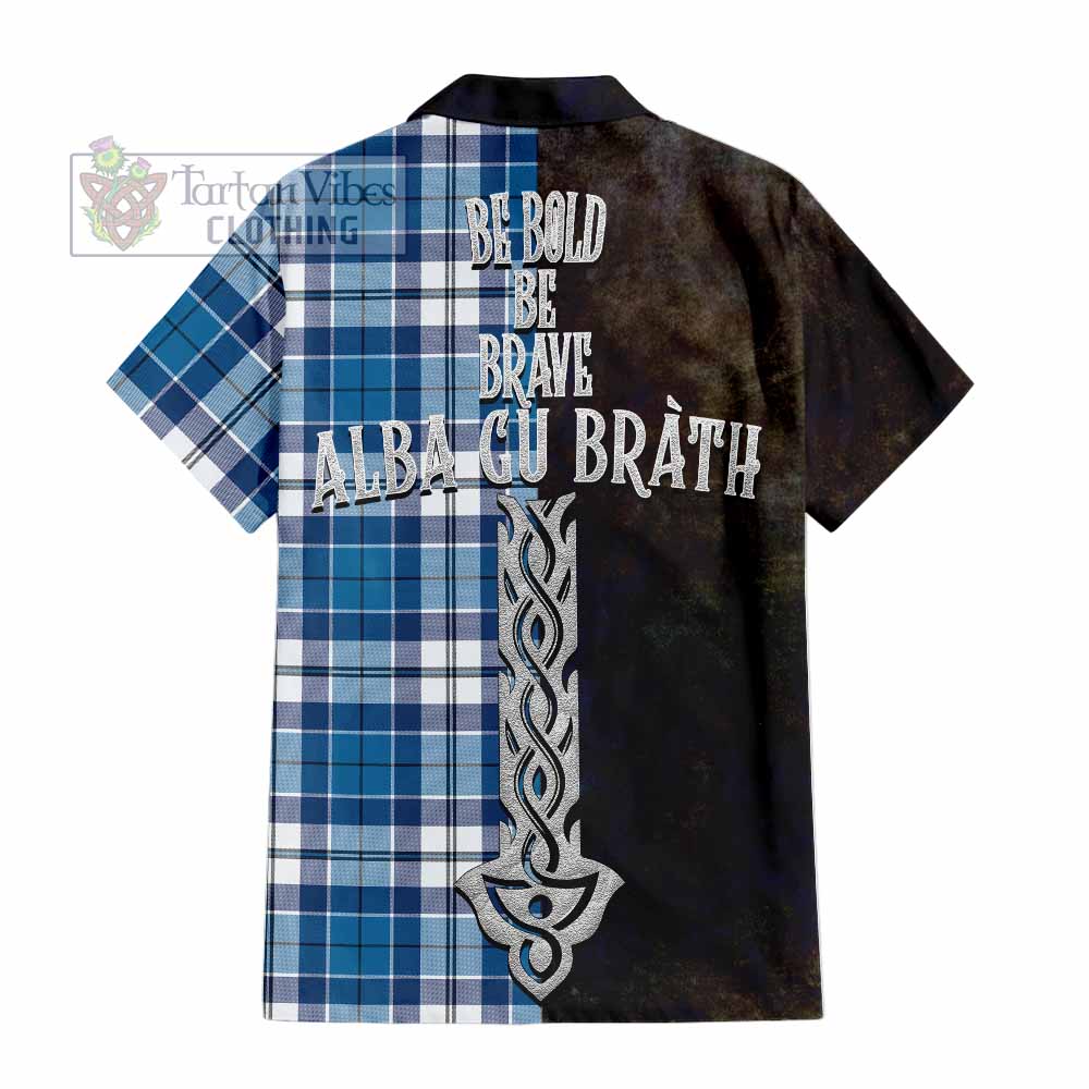 Tartan Vibes Clothing Hutton Tartan Family Crest Short Sleeve Button Shirt Alba Gu Brath Be Brave Lion Ancient Style