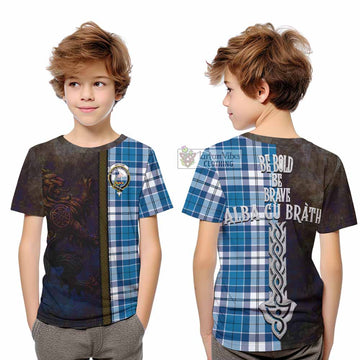 Hutton Tartan Family Crest Kid T-Shirt Alba Gu Brath Be Brave Lion Ancient Style