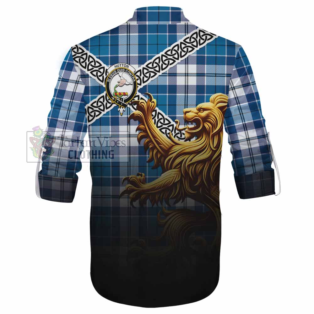 Hutton Crest Tartan Ghillie Kilt Shirt with Golden Lion Emblem Celtic Style - Tartan Vibes Clothing