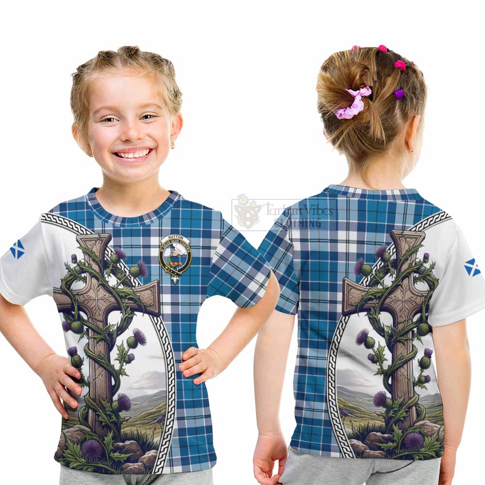 Hutton Tartan Kid T-Shirt with Family Crest and St. Andrew's Cross Accented by Thistle Vines - Tartan Vibes Clothing