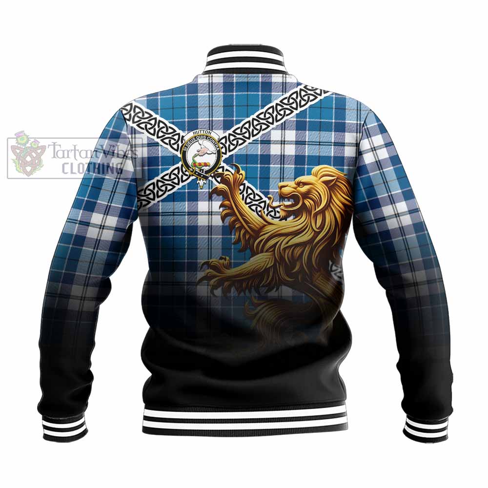 Hutton Crest Tartan Baseball Jacket with Golden Lion Emblem Celtic Style - Tartan Vibes Clothing