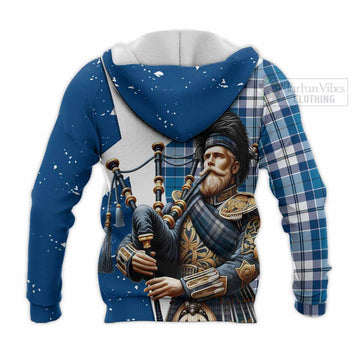 Hutton Tartan Knitted Hoodie with Family Crest Scottish Bagpiper Vibes - Tartan Vibes Clothing