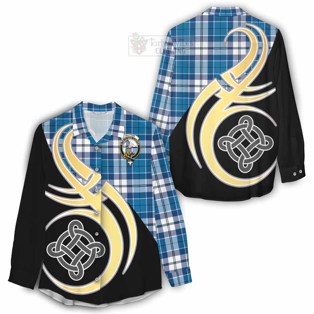 Hutton Tartan Women's Casual Shirt with Family Crest and Celtic Symbol Style - Tartan Vibes Clothing