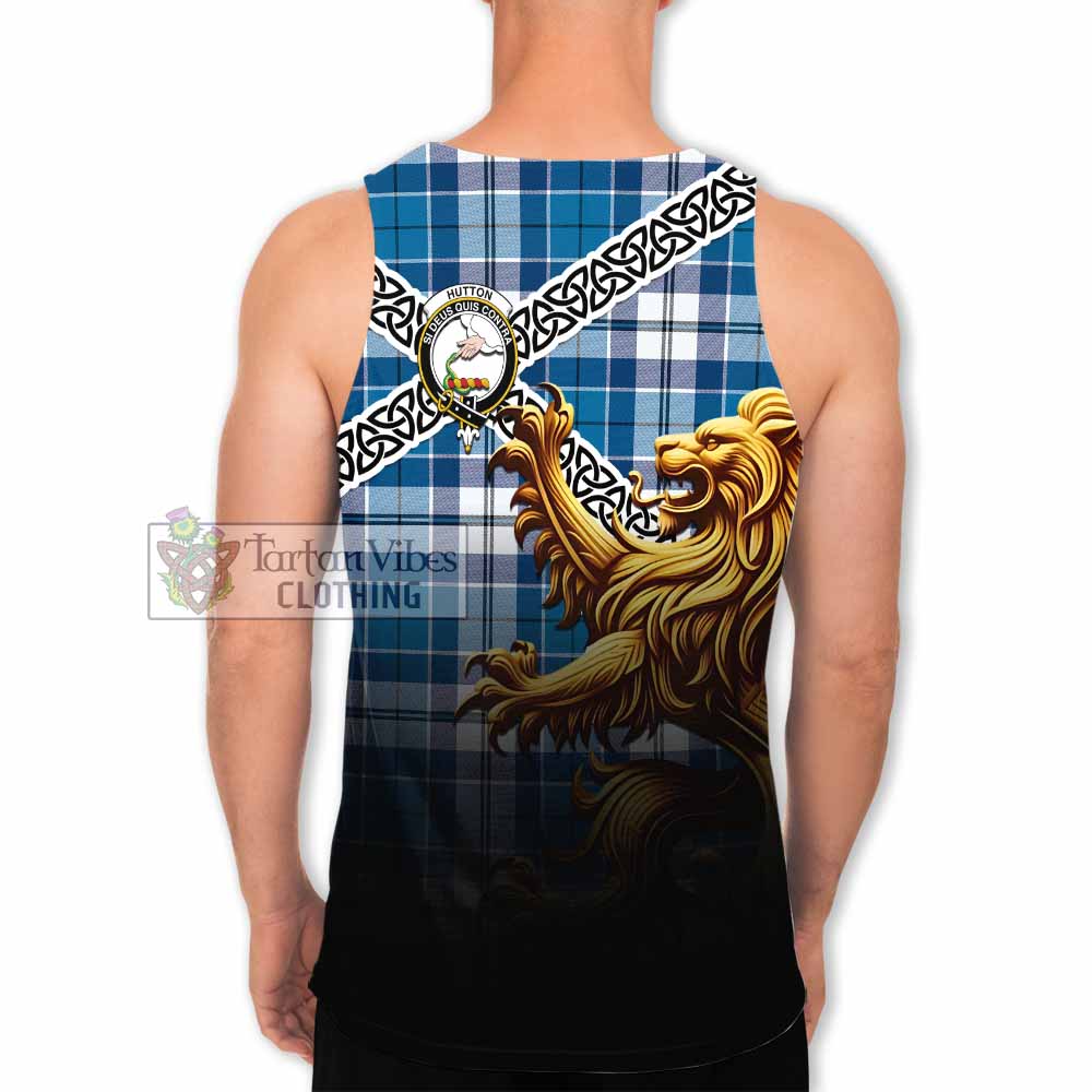 Hutton Crest Tartan Men's Tank Top with Golden Lion Emblem Celtic Style - Tartan Vibes Clothing