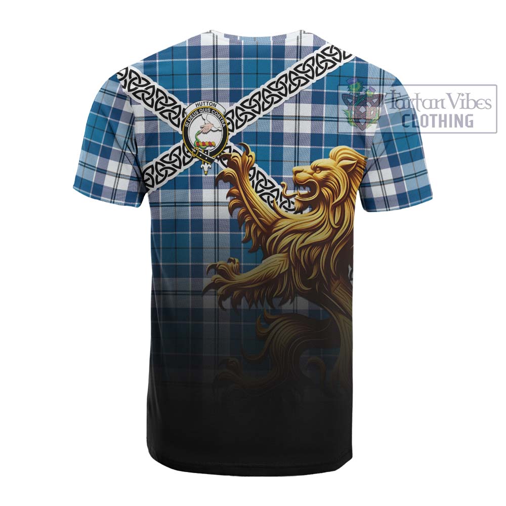 Hutton Crest Tartan Cotton T-shirt with Golden Lion Emblem Celtic Style - Tartan Vibes Clothing