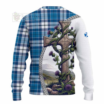 Hutton Tartan Knitted Sweater with Family Crest and St. Andrew's Cross Accented by Thistle Vines