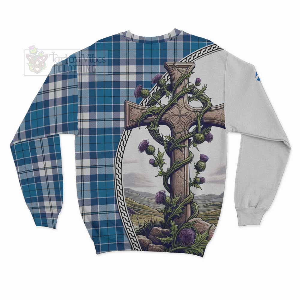 Hutton Tartan Sweatshirt with Family Crest and St. Andrew's Cross Accented by Thistle Vines - Tartan Vibes Clothing