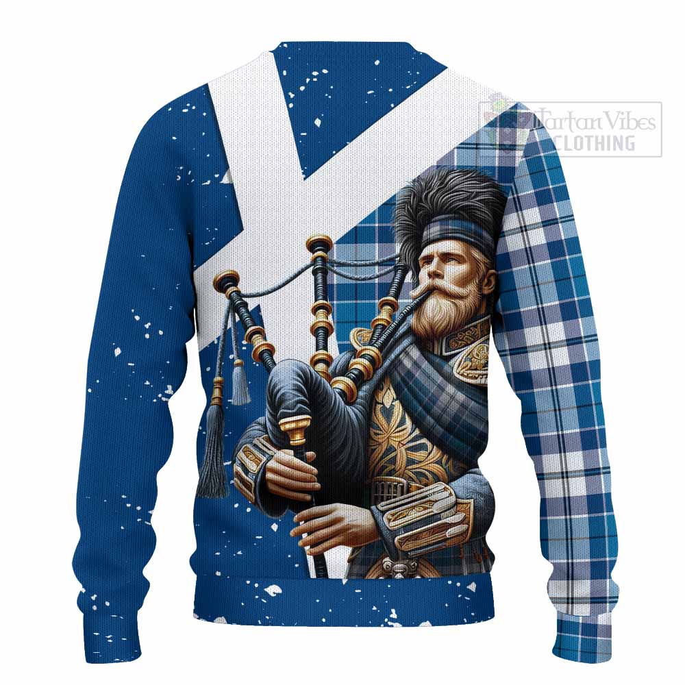 Hutton Tartan Knitted Sweater with Family Crest Scottish Bagpiper Vibes - Tartan Vibes Clothing