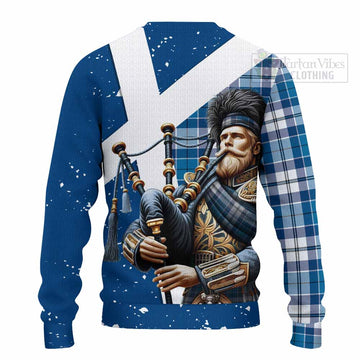 Hutton Tartan Knitted Sweater with Family Crest Scottish Bagpiper Vibes - Tartan Vibes Clothing