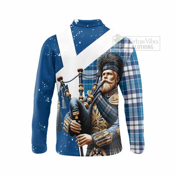 Hutton Tartan Long Sleeve Polo Shirt with Family Crest Scottish Bagpiper Vibes - Tartan Vibes Clothing