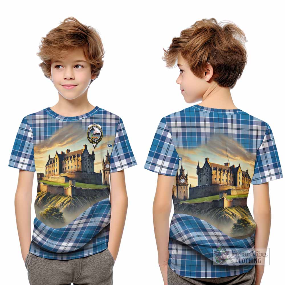 Hutton Tartan Family Crest Kid T-Shirt with Scottish Ancient Castle Style - Tartan Vibes Clothing