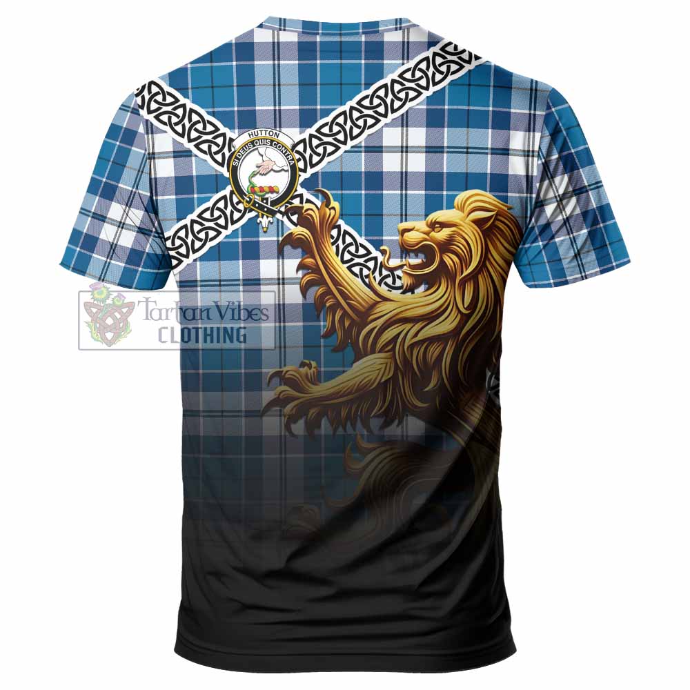 Hutton Crest Tartan T-Shirt with Golden Lion Emblem Celtic Style - Tartan Vibes Clothing