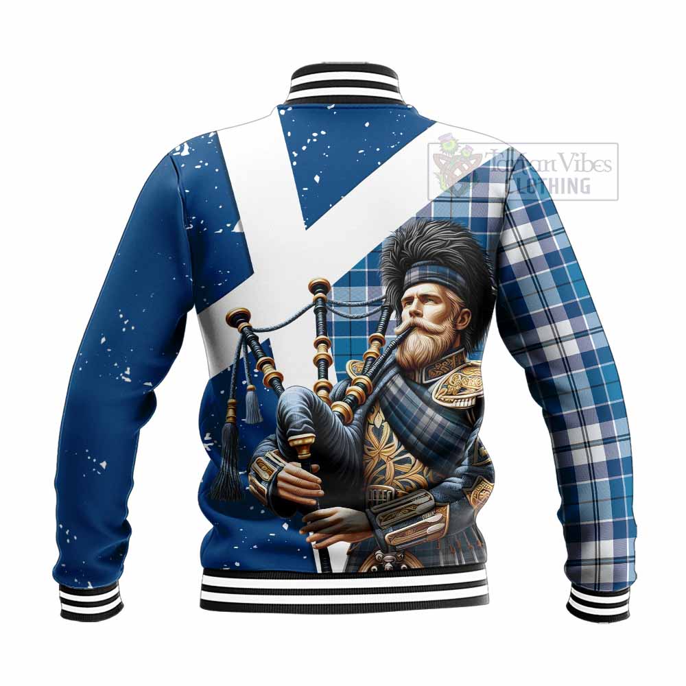 Hutton Tartan Baseball Jacket with Family Crest Scottish Bagpiper Vibes - Tartan Vibes Clothing