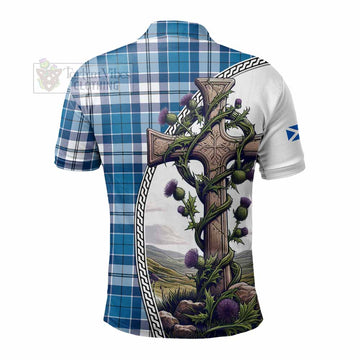 Hutton Tartan Polo Shirt with Family Crest and St. Andrew's Cross Accented by Thistle Vines - Tartan Vibes Clothing
