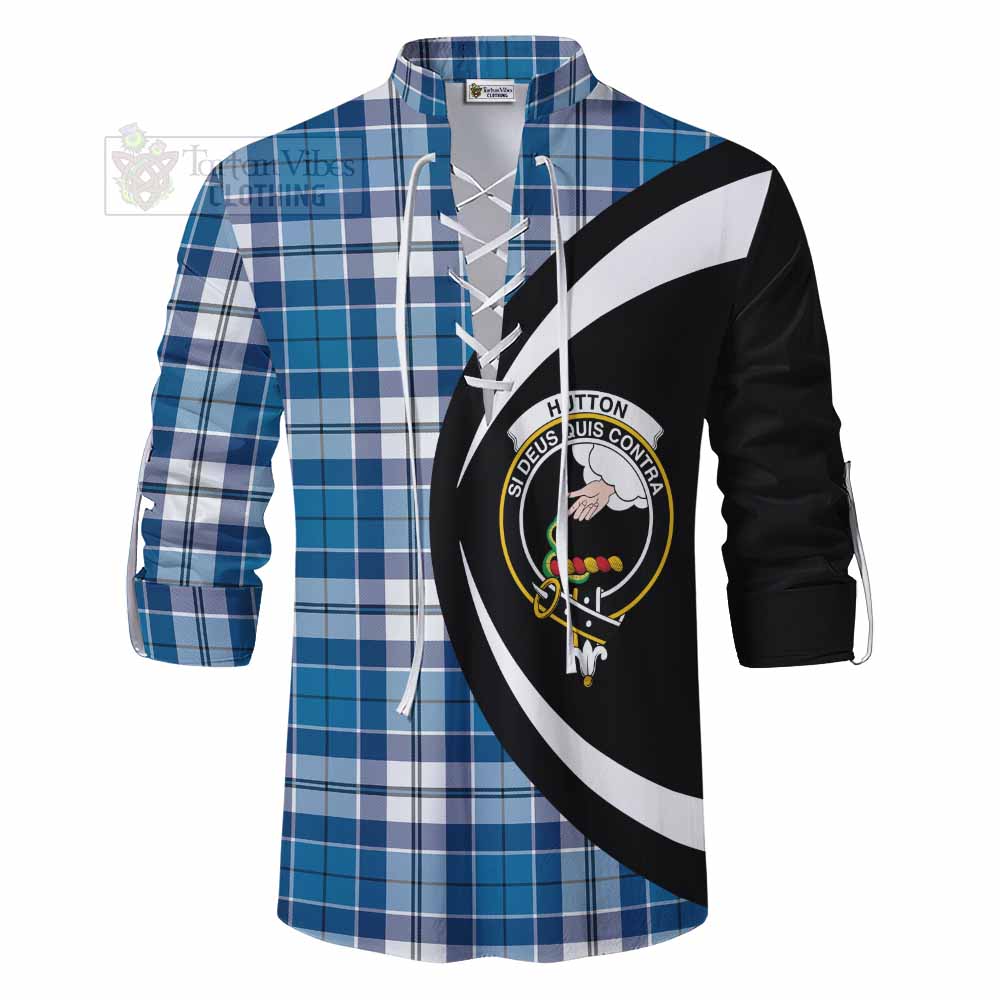 Hutton Tartan Ghillie Kilt Shirt with Family Crest Circle Style - Tartan Vibes Clothing